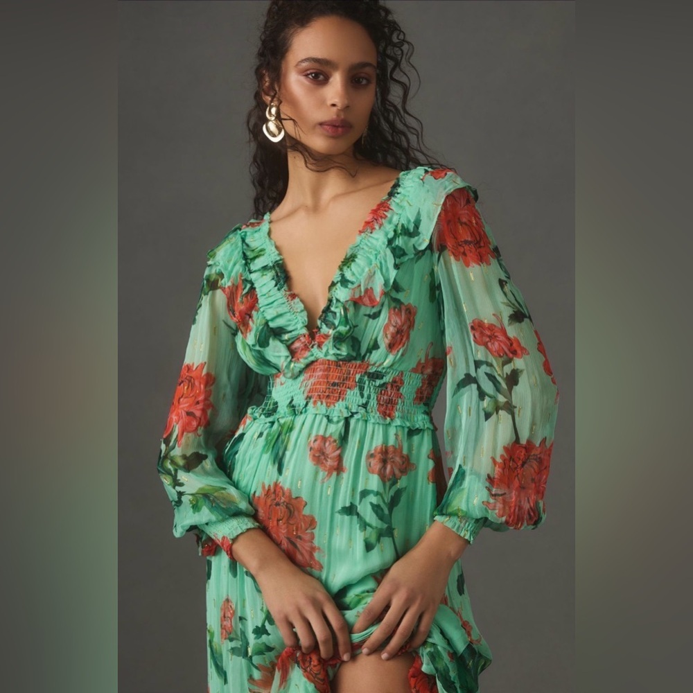 Anthropologie Odetta Ruffled V-Neck Maxi Dress S Green Floral Boho - Picture 3 of 8